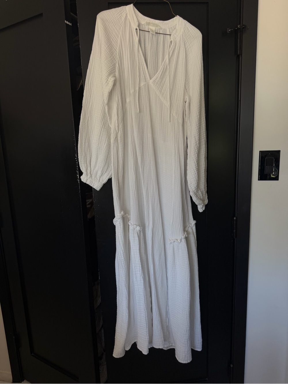Divided White Long Sleeve Maxi Dress with Tie V-Neck